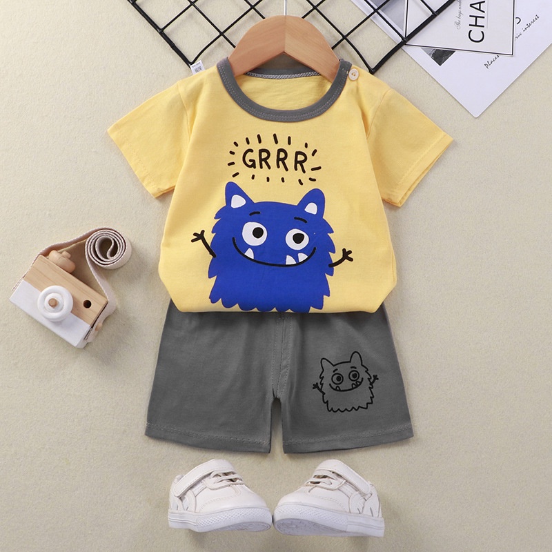 Bộ Áo Thun Tay Ngắn 100% Cotton In Họa Tiết Động Vật Hoạt Hình + Quần Dài Thời Trang Mùa Hè Cho Bé Trai 1-7 Tuổi