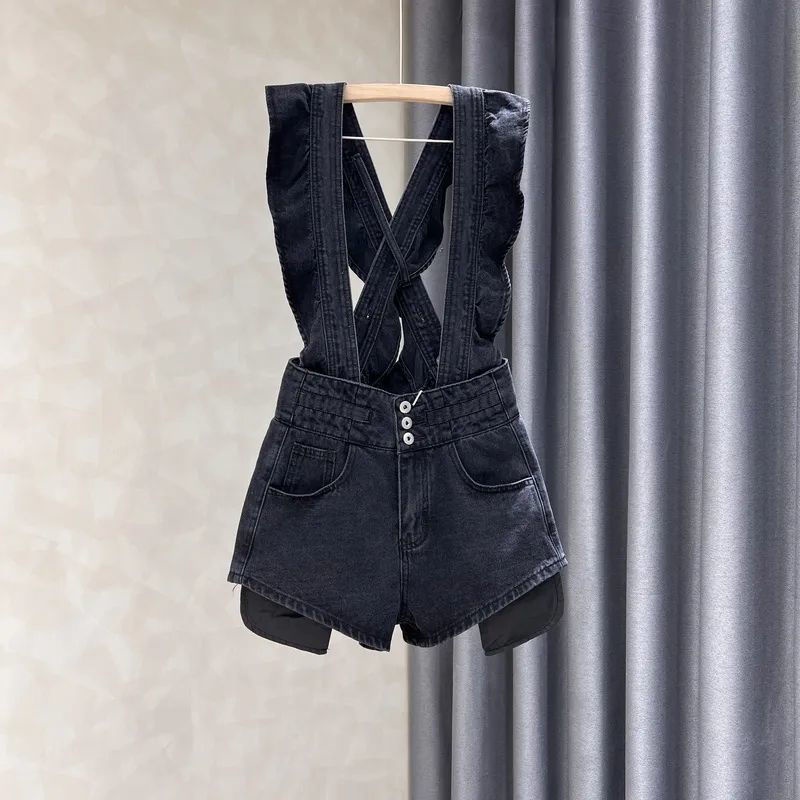 Quần Yếm Denim Ngắn Lưng Cao Ống Rộng Màu Xám Đen Thời Trang Mùa Hè Cho Nữ