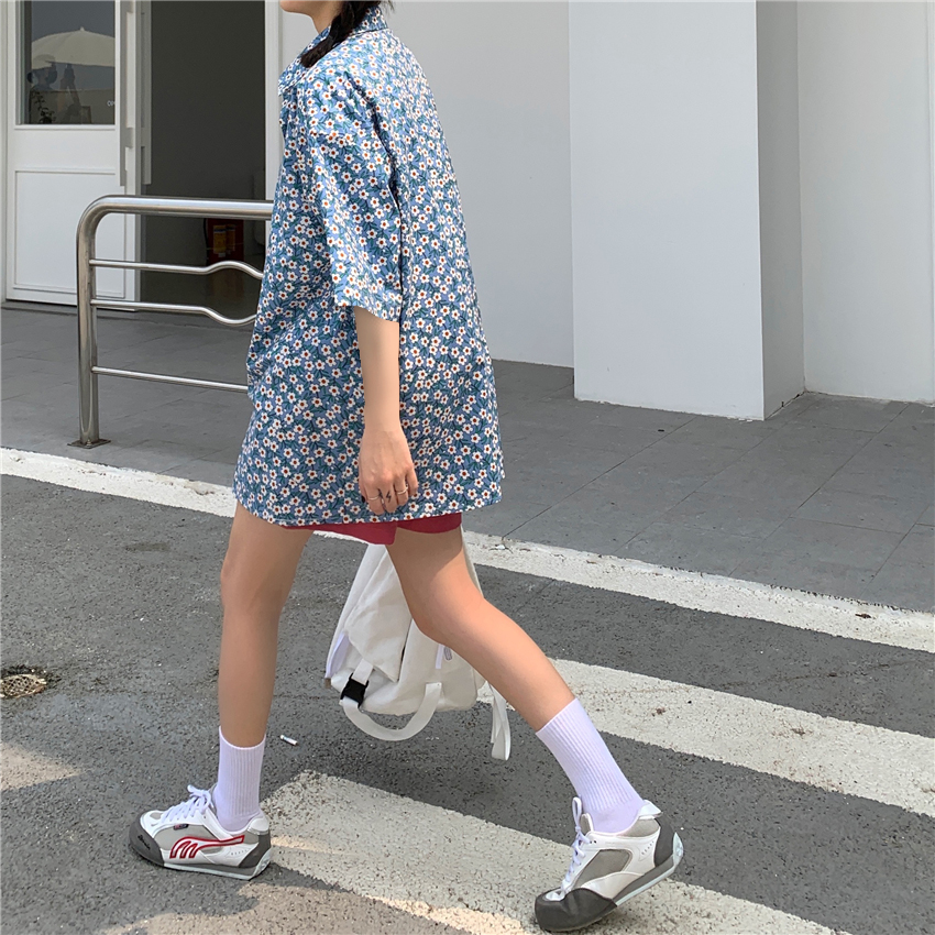 NRVP Áo sơ mi tay ngắn dáng rộng in họa tiết hoa xinh xắn thời trang mùa thu 2021 cho phụ nữ