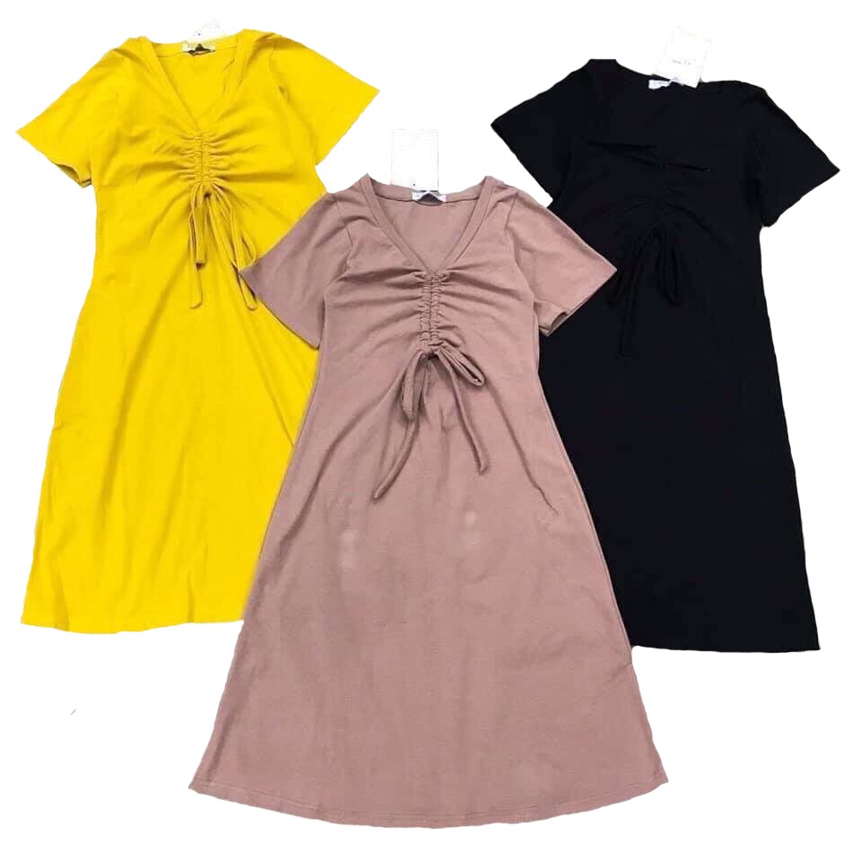 Đầm suông nữ cổ tim rút dây ngực đuôi xòe chất cotton tàu mịn mát thiết kế sang chảnh | BigBuy360 - bigbuy360.vn