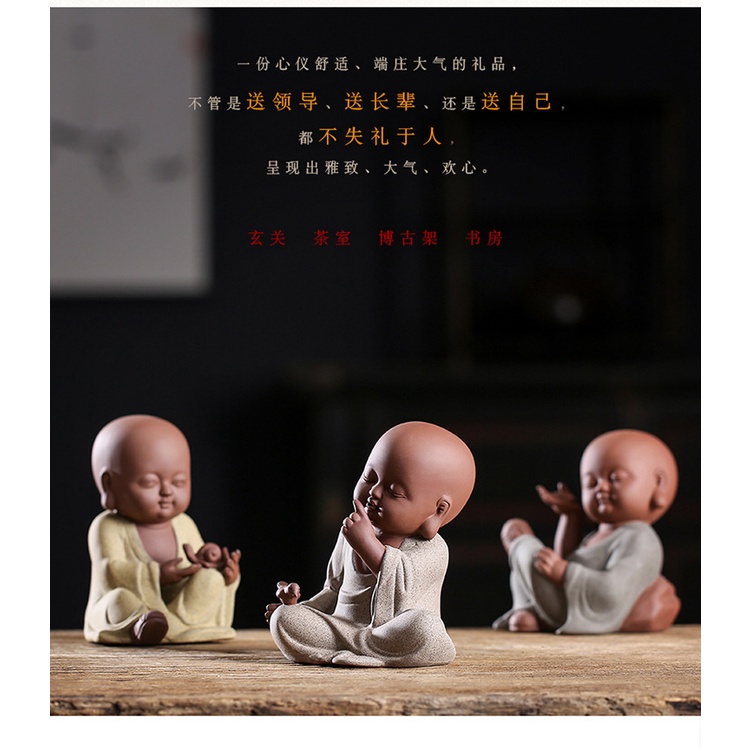 Tượng chú tiểu chơi chim gốm tử sa- Tượng gốm tử sa trang trí bàn trà phối lũa tiểu cảnh bonsai- tượng decor