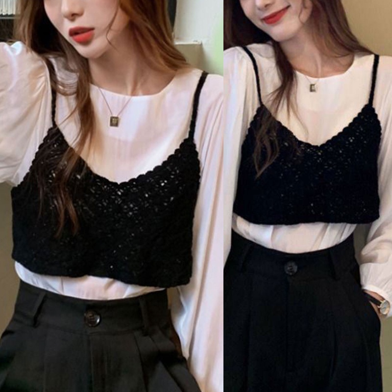 Áo Croptop Dệt Kim Hai Dây Cổ Chữ V Dáng Rộng Màu Trơn In Hình Hoa Cúc Nhỏ Thời Trang Mùa Hè Cho Nữ