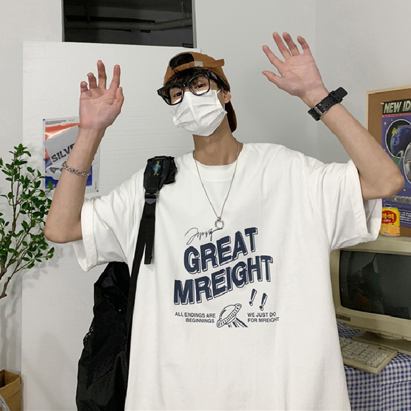 Áo thun tay ngắn cổ tròn dáng rộng in chữ phong cách Hàn Quốc size S-8XL cho nam