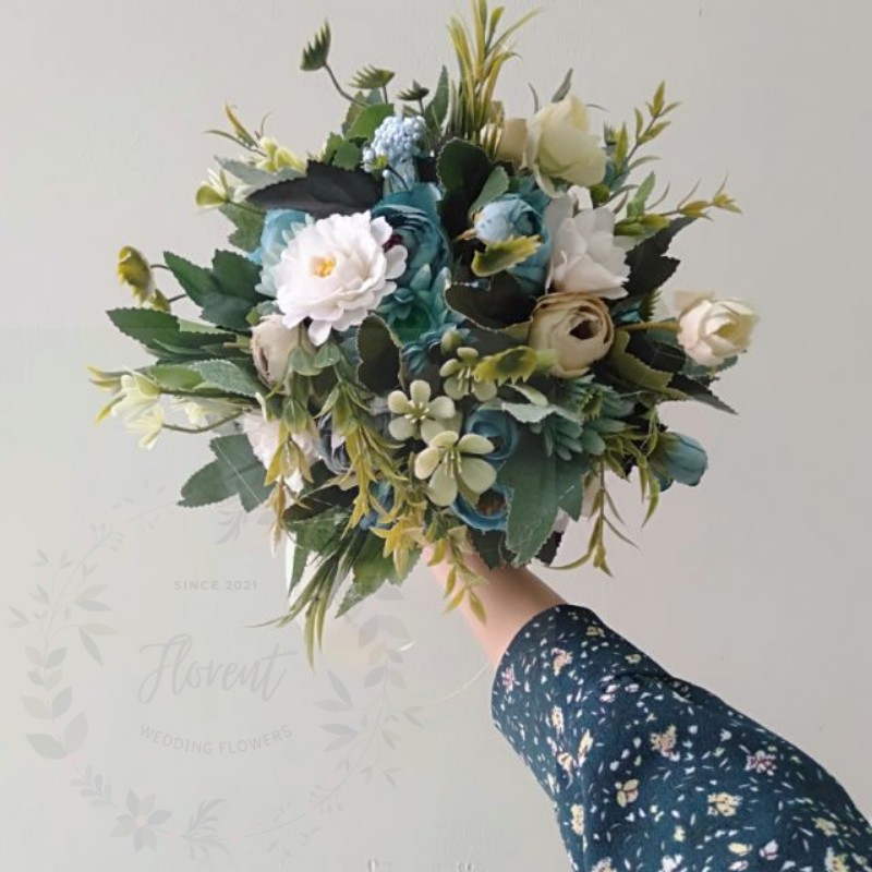 [HOT SALE] Bó hoa cưới cầm tay cô dâu hoa vải lụa xanh dương - Hoa cưới cầm tay cô dâu màu xanh F05