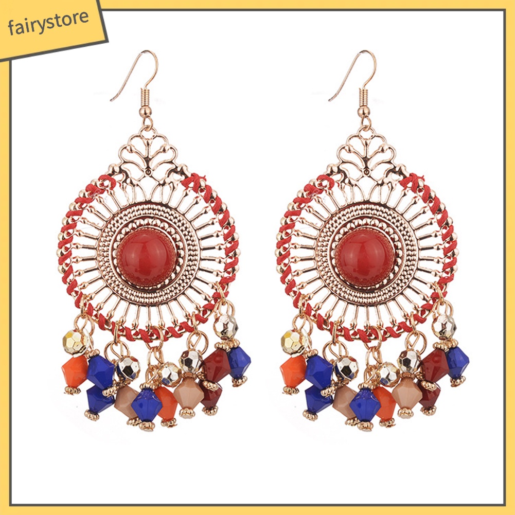 Bông tai bản lớn đính hạt tua rua nhiều màu sắc phong cách boho