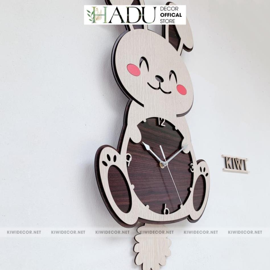 Đồng Hồ Treo Tường Thỏ Con Dễ Thương Trang Trí Phòng Trẻ Con, Decor Bằng Gỗ Vintage - HaduDecor