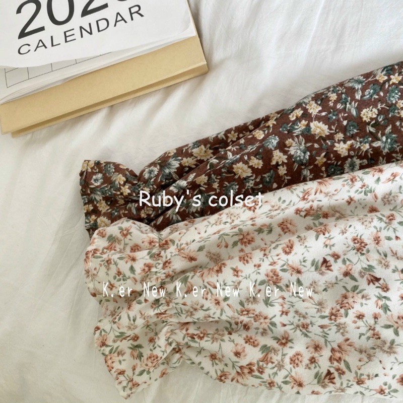 Váy tiểu thư - Váy hoa nhí vintage dáng dài bèo cổ