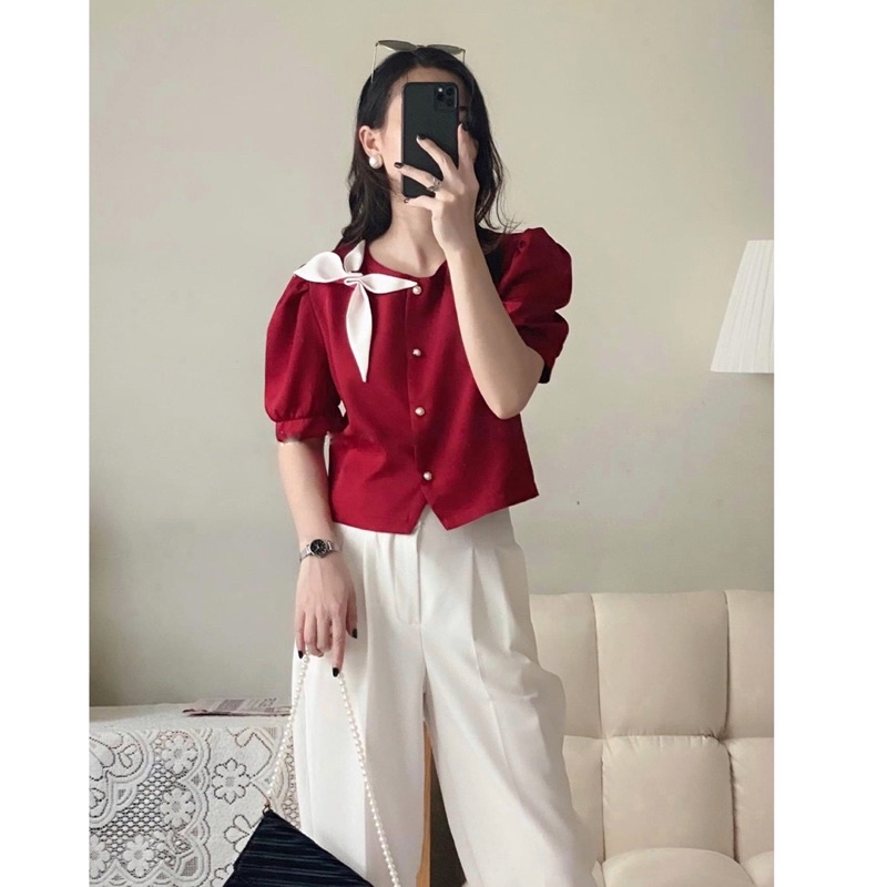 Áo sơ mi kiểu hàn quốc trẻ trung xếp bốn cánh hoa chất liệu trượt hàn mềm mịn không nhăn nhàu A81