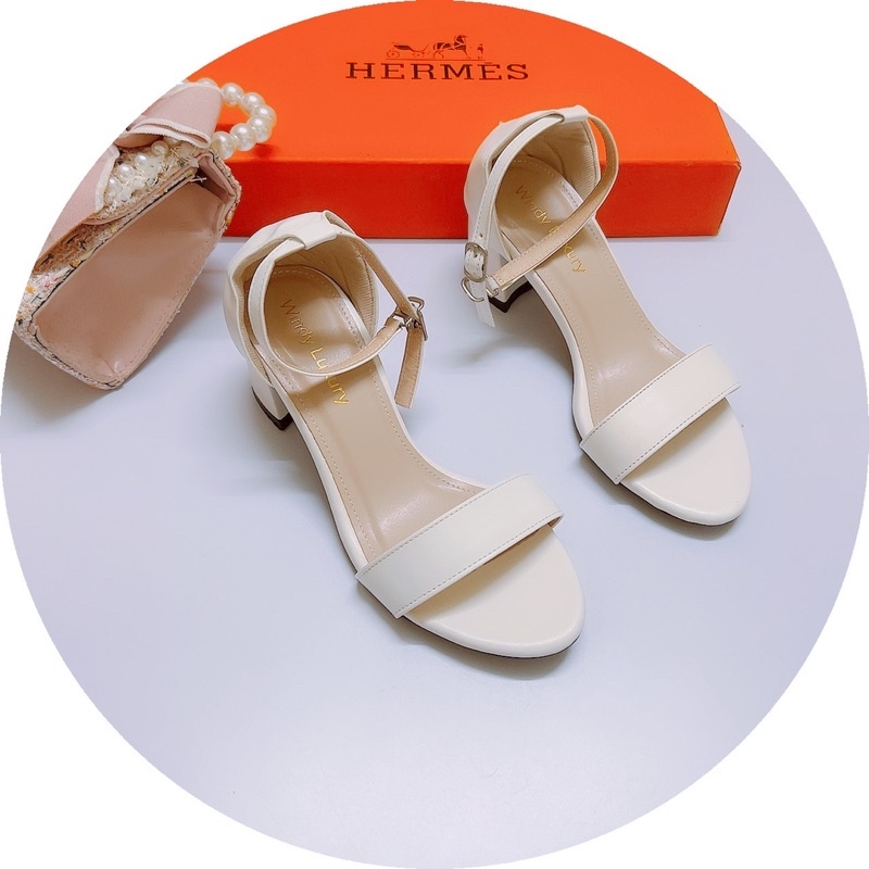 Giày sandal quai ngang da lì gót vuông 5p bít gót mũi tròn hàng đẹp-Ảnh chụp thật