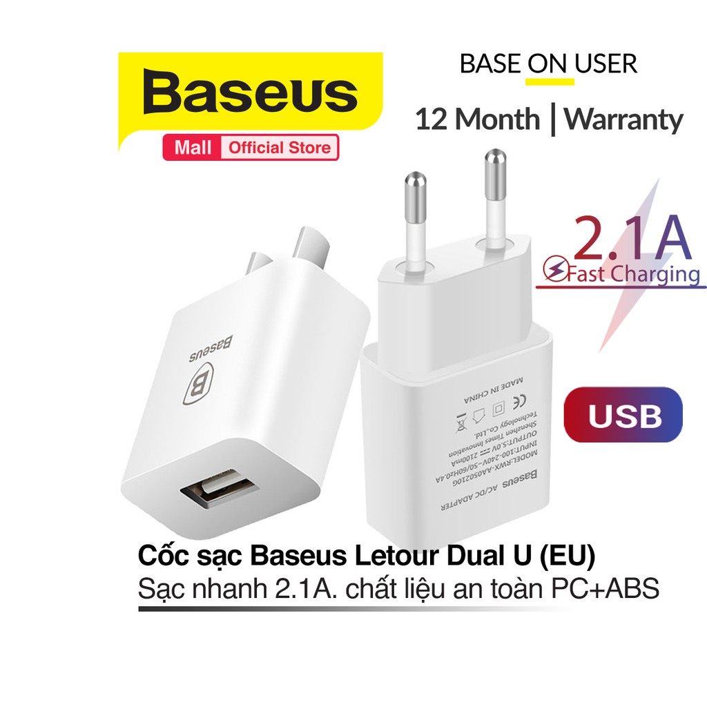 Củ sạc Baseus Letour Dual U Charger (EU) hỗ trợ sạc nhanh 2.1A  cổng USB cho Smart phone - Table