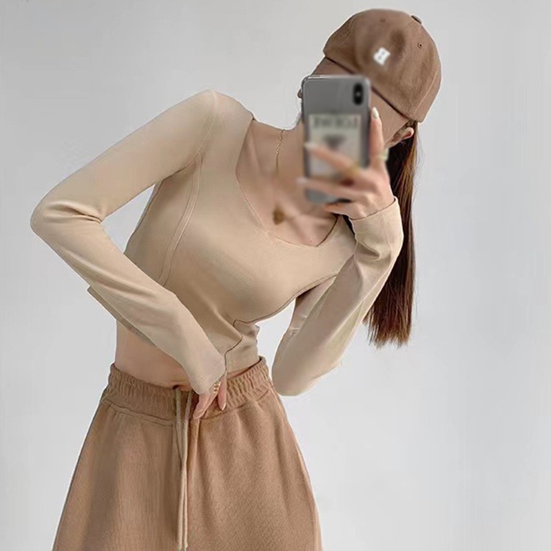 Áo Thun Dài Tay Cổ Vuông Hở Xương Quai Xanh Thiết Kế Thoải Mái Thời Trang Cho Nữ