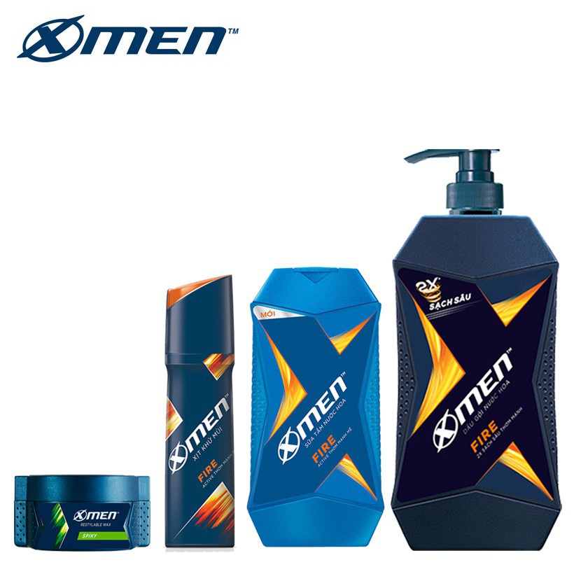 GIÁ SỐC -   Combo Dầu gội XMen Fire 650g+Sữa tắm 180g+Sáp vuốt tóc Clean cut 70g+Xịt khử mùi 150ml - Chính Hãng