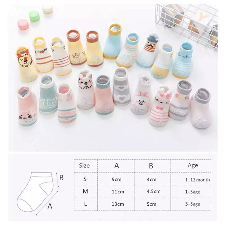 Set 5 đôi tất lưới cổ thấp cho bé 0-2 tuổi chất cotton chống trơn trượt hình thú lạ mắt phối màu xinh xắn BBShine – T013