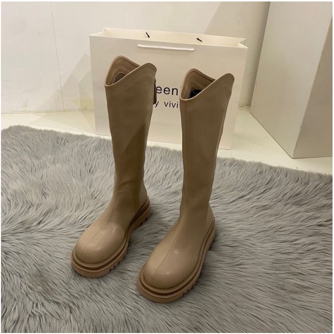 Bốt đùi cao cổ WOMENSTORY giày boots nữ cổ vát da PU mềm khóa sau boot mũi tròn đế dày 5 cm boost thời trang 589