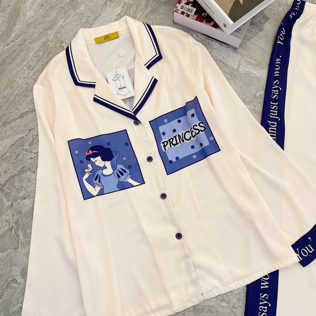 Bộ pijama bạch tuyết xanh họa tiết trẻ trung dành cho các nàng đây ạ, lụa cao cấp mặc dễ chịu thoải mái