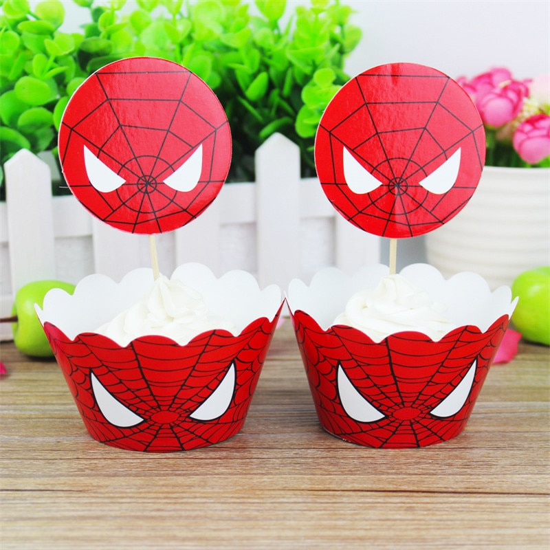 Set 12 giấy bọc bánh cupcake hình người nhện + 12 phụ kiện trang trí tiệc sinh nhật cho bé