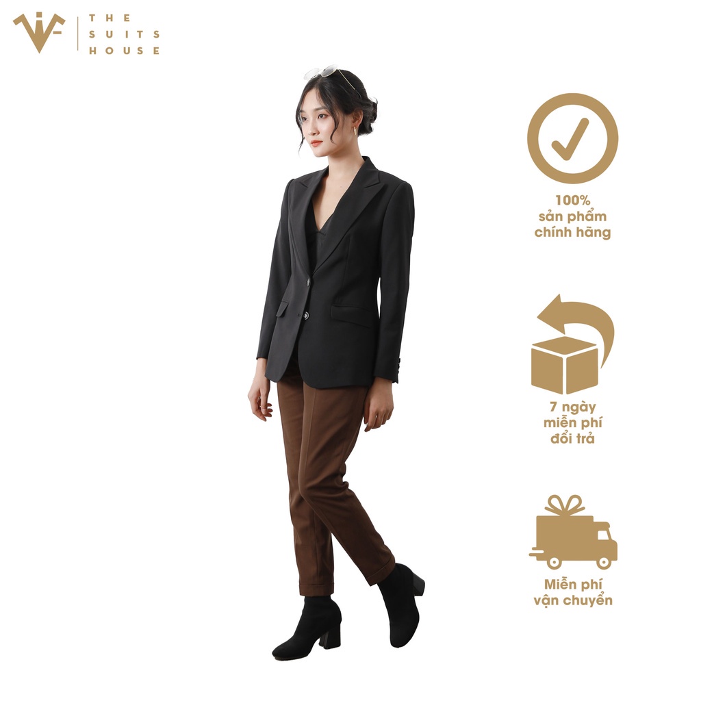 Bộ vest nữ đen phối nâu đậm 2 khuy 2 túi, suits sartorial chất cashmere The Suits House