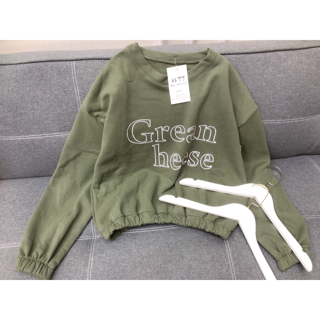 Áo Croptop ,Nỉ Nữ Dài Tay Xanh, Dáng Lỡ In Chữ GREANN | BigBuy360 - bigbuy360.vn