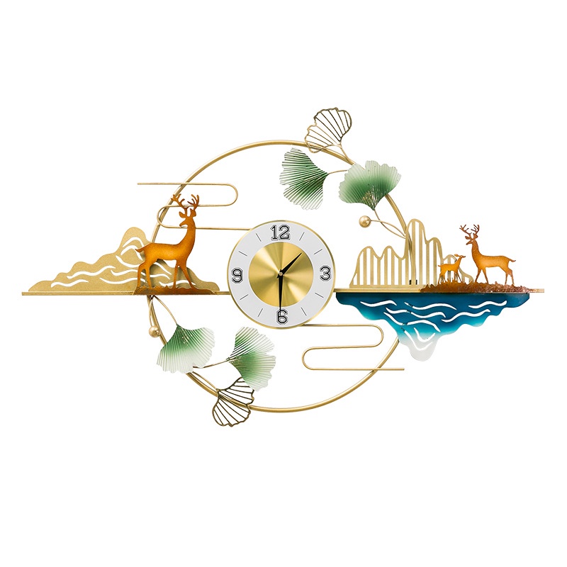 Tranh kim loại tròn kèm đồng hồ tròn hình hươu decor nhà cửa phong cách Bắc Âu