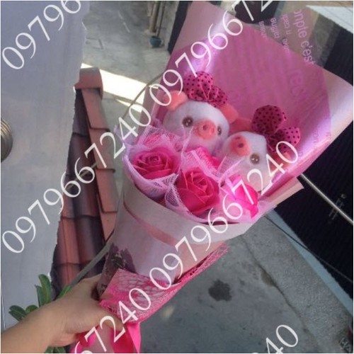Hoa Gấu Bông Heo Hồng Đính Nơ Hoa Hồng Sáp