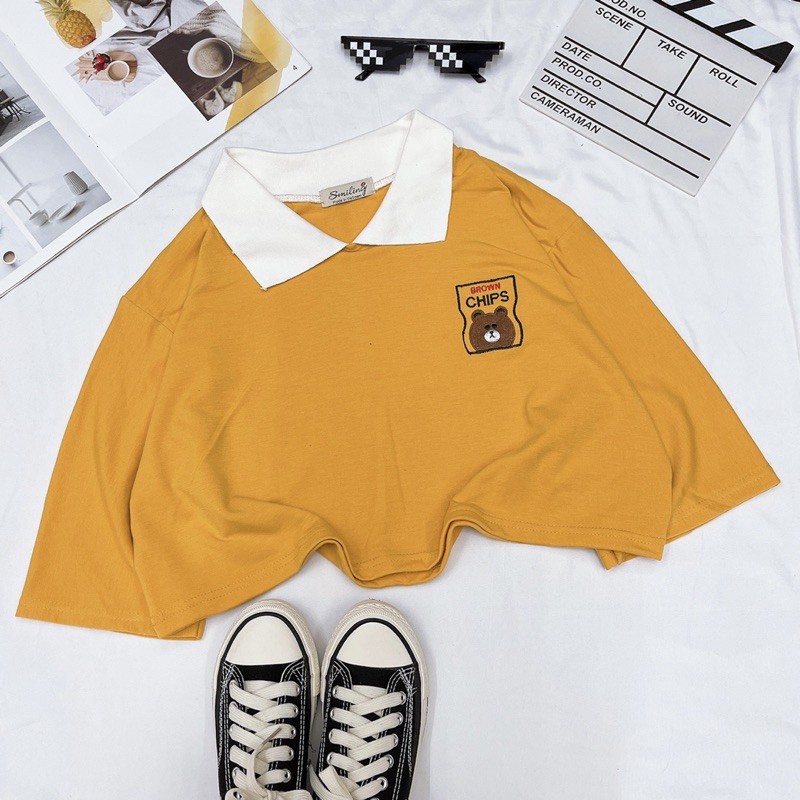 ÁO CROPTOP POLO OVERSIZE THÊU LOGO - VÀNG | BigBuy360 - bigbuy360.vn
