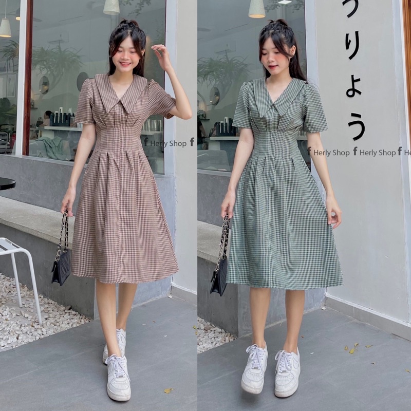 ĐẦM MIDI CỔ BẺ XẾP LY EO