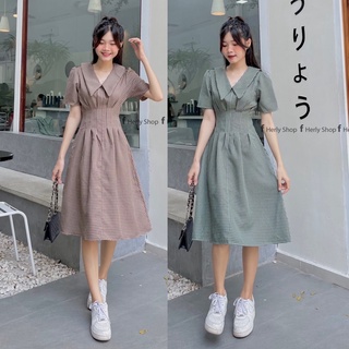 Đầm midi cổ bẻ xếp ly eo