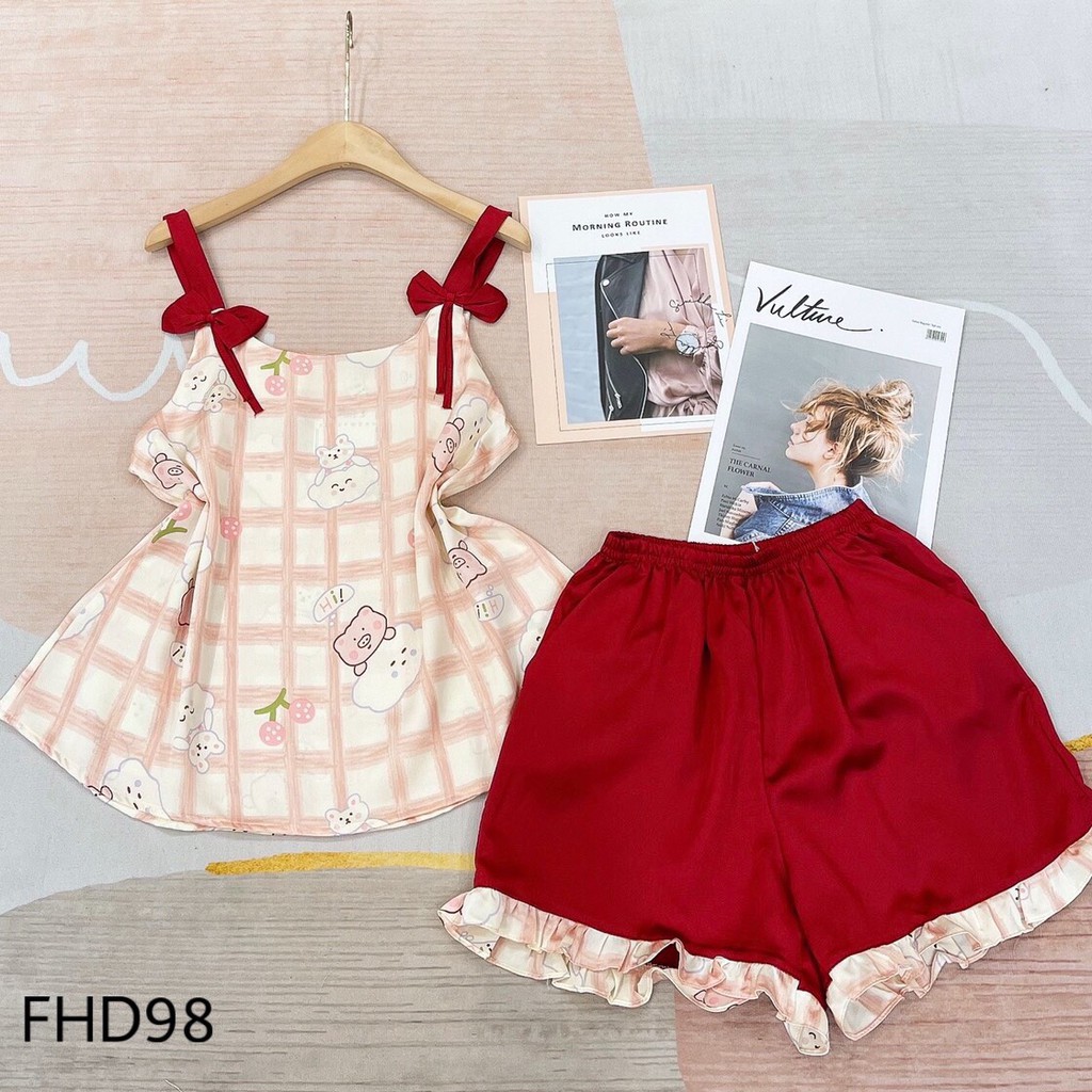 Đồ Mặc Nhà - Pyjamas , Bộ Lụa 2 dây nơ đùi,lụa santin cao cấp