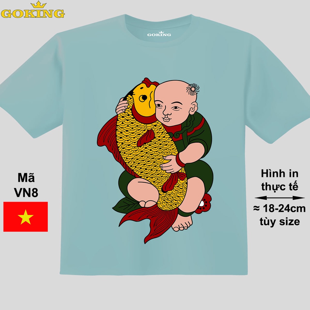 Em bé ôm cá, mã VN8. Áo phông Việt Nam đẹp cho trẻ em, bé trai, bé gái. Áo phông thoát nhiệt hàng hiệu Goking cao cấp