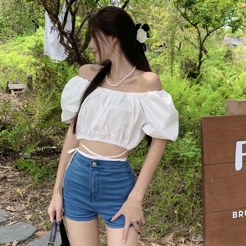 Áo Crop Top Tay Ngắn Trễ Vai Màu Sắc Trơn Phong Cách Hàn Quốc Quyến Rũ Dành Cho Nữ