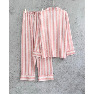 bộ pijama lụa mềm victoria sọc hồng nhạt