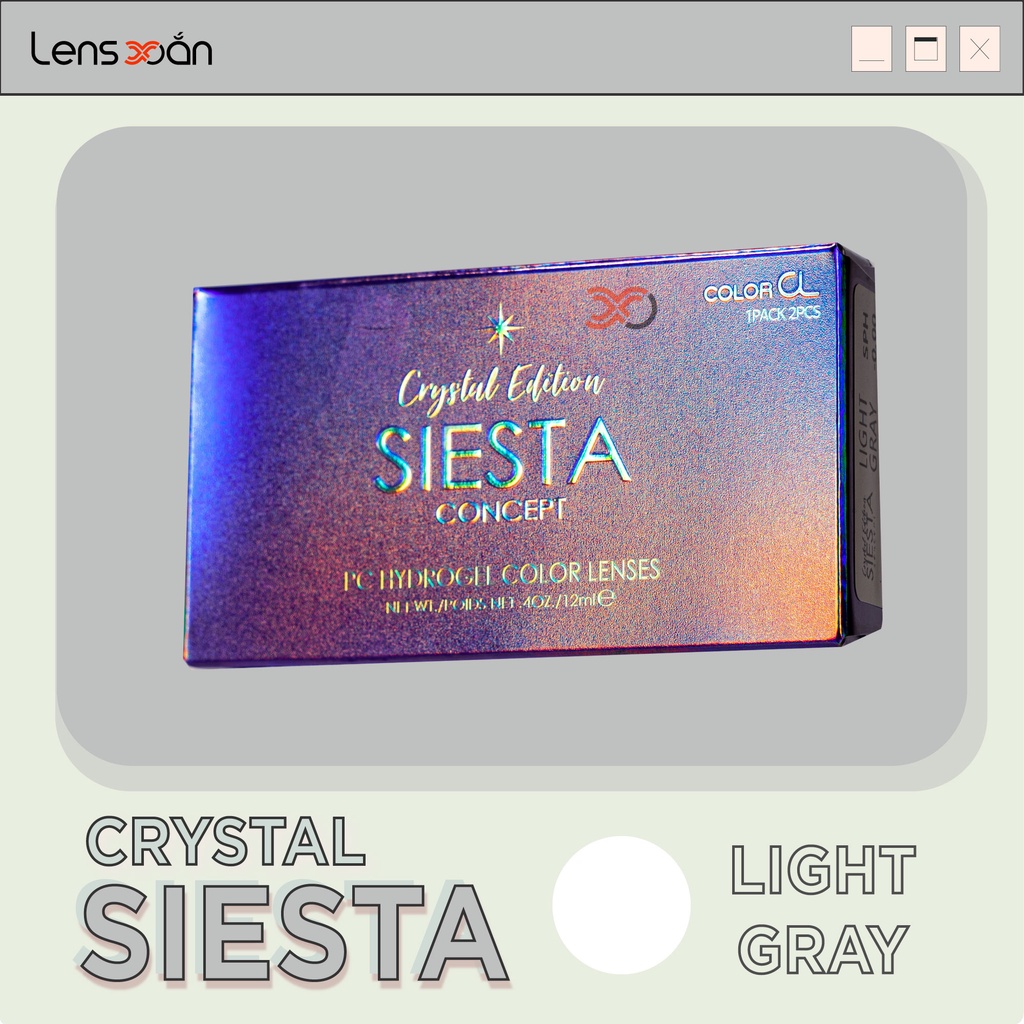 Kính áp tròng SIESTA CRYSTAL LIGHT GRAY-PC Hydrogel của COLORCL( 6 tháng):Lens xám sáng tây không viền|Lens Xoắn(GIÁ 1C)