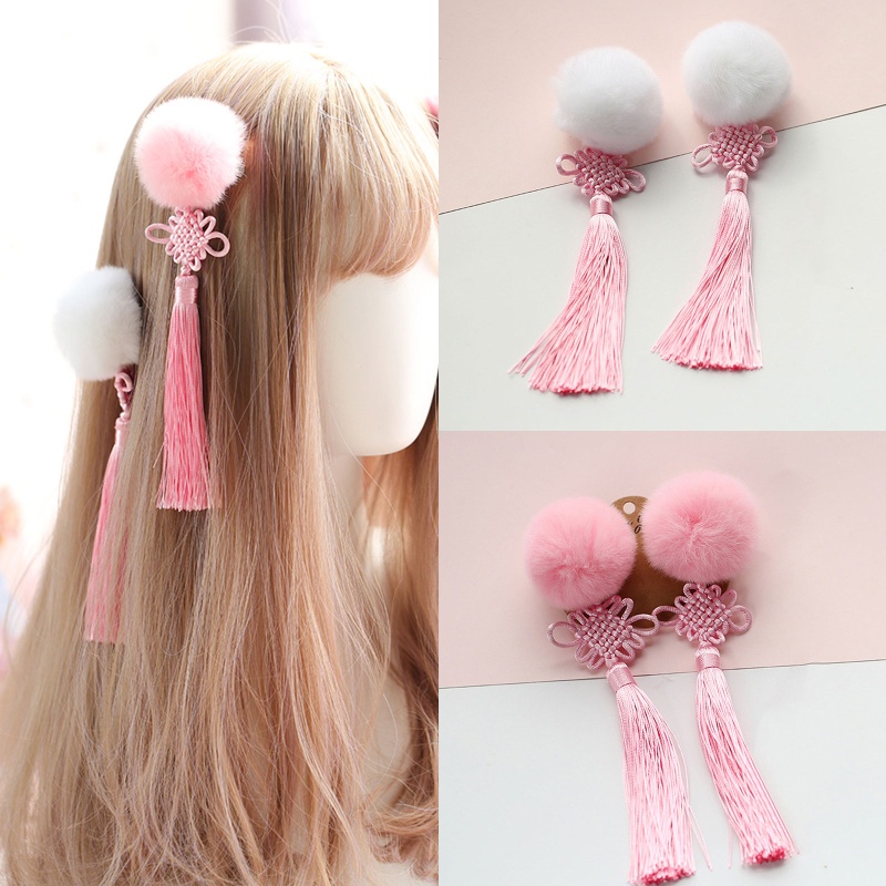 Trâm Cài Tóc Đính Bóng Lông Tua Rua Phong Cách Trung Hoa Mừng Năm Mới