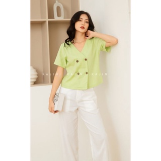 Áo linen cổ V nút gỗ đắp tà