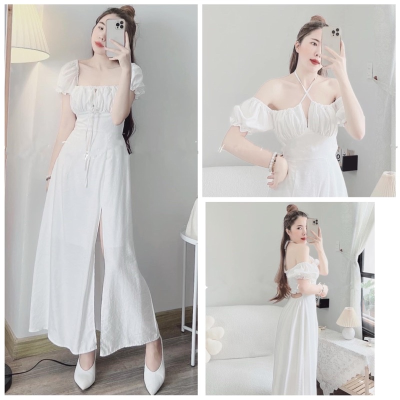 [4 MÀU ] ĐẦM MAXI XANH BƠ NHÚN NGỰC TAY BỒNG XẺ TÀ KTGIMI ( kèm ảnh thật)