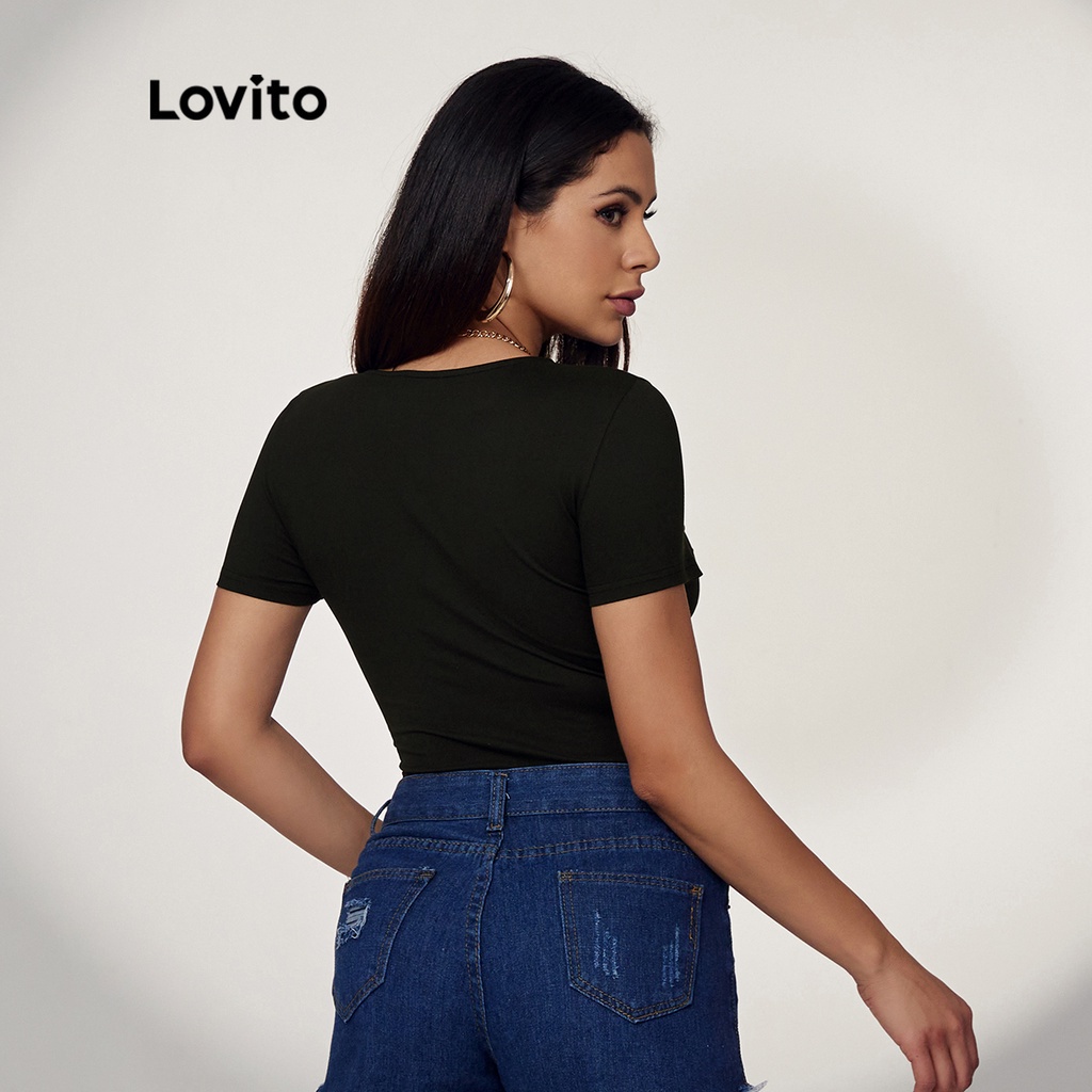 Bộ áo liền quần Lovito cắt xẻ phối dây chéo phong cách thường ngày L17D030 (Đen) | WebRaoVat - webraovat.net.vn