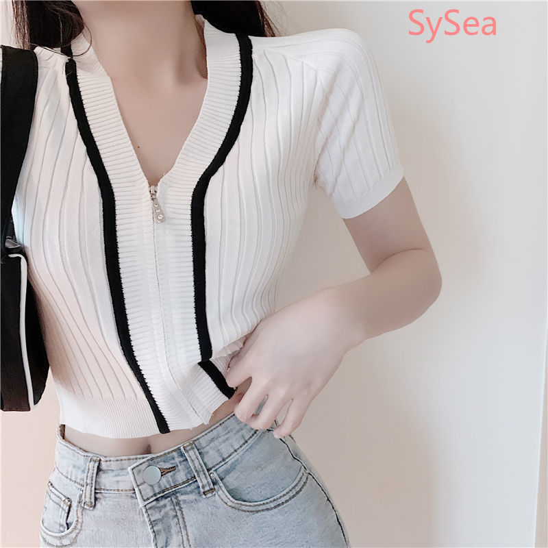 Áo tay ngắn cổ chữ V phối khóa kéo thời trang mùa hè dành cho phái nữ