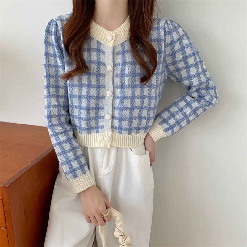 SUXI Áo sweater dệt kim tay dài dáng ngắn họa tiết sọc caro thời trang vintage cho nữ
