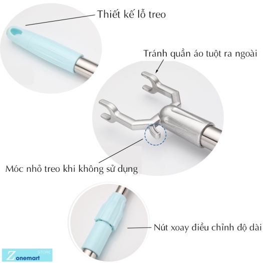 Cây phơi quần áo bằng inox kéo dài 1,5M Tiện Lợi / Cây gậy lấy đồ trên cao có thể kéo dài xếp gọn