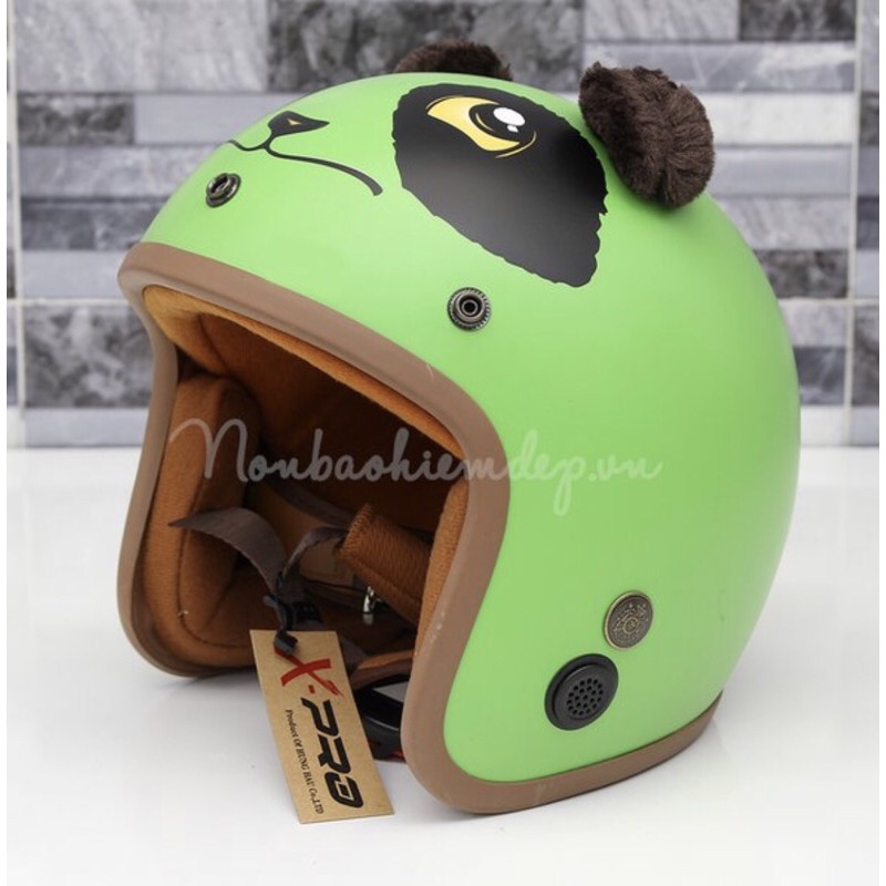 Nón bảo hiểm 3/4 Panda xanh lá (gấu trúc) dễ thương - có gắn tai lông