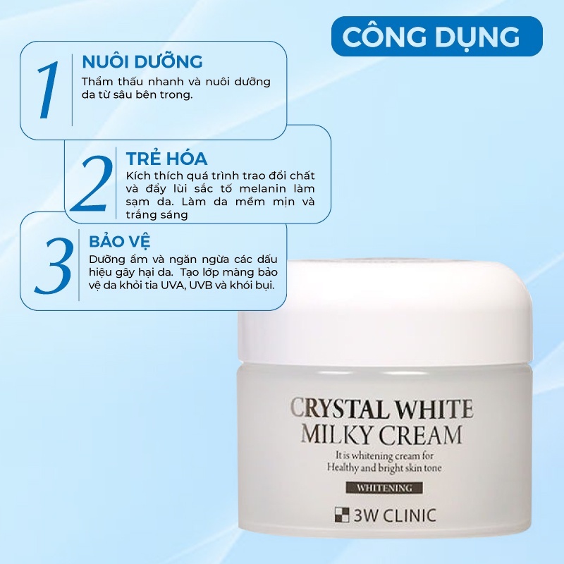 Kem Trắng Da Dưỡng Ẩm 3w Clinic Hàn Quốc Crystal White Milky Cream 50gr Giúp Da Trắng Sáng & Mềm Mịn Tự Nhiên