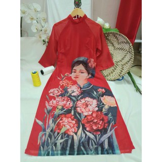 ÁO DÀI VINTAGE CÔ GÁI ĐỎ, CHẤT LỤA MỀM CAO CẤP