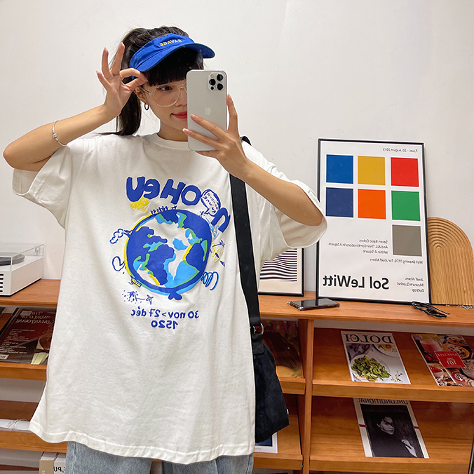 Áo thun tay ngắn in hình trái đất phong cách Hàn Quốc thời trang cho nữ