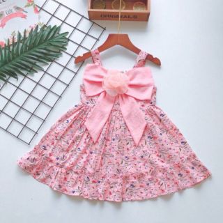 Đầm bé gái hai dây hoa nơ hồng