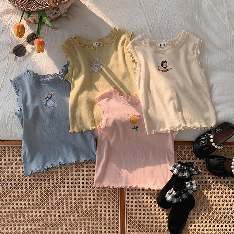 Áo Sát Nách Phối Ren Họa Tiết Hoạt Hình Phong Cách Hàn Quốc Xinh Xắn Cho Bé Gái