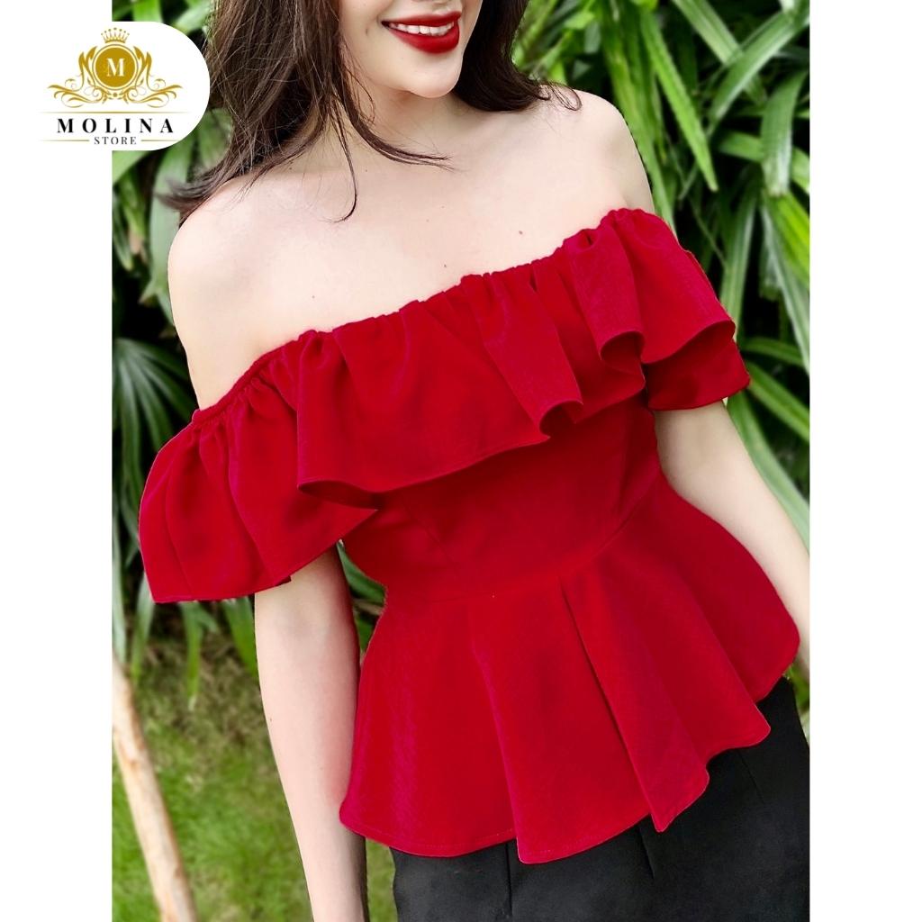 Áo Trễ Vai Bèo Molina Thiết Kế Dáng Peplum Chiết Eo Cổ Vuông Sang Chảnh, Chất Linen Bố Mềm Mát