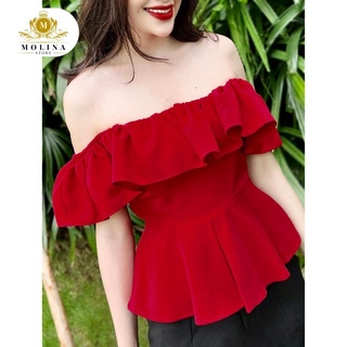 Áo Trễ Vai Bèo Molina Thiết Kế Dáng Peplum Chiết Eo Cổ Vuông Sang Chảnh, Chất Linen Bố Mềm Mát