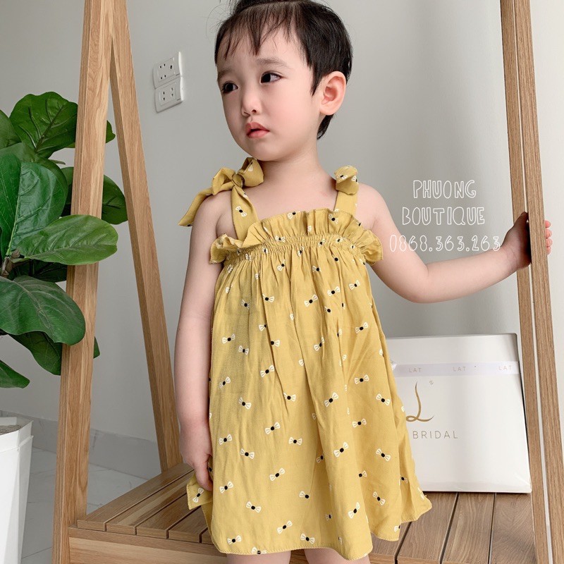 Váy Bé Gái 2 dây Chất Đũi Hàn Dáng Xòe Buộc Nơ mềm mát cho trẻ từ 7-19kg Phuongboutique