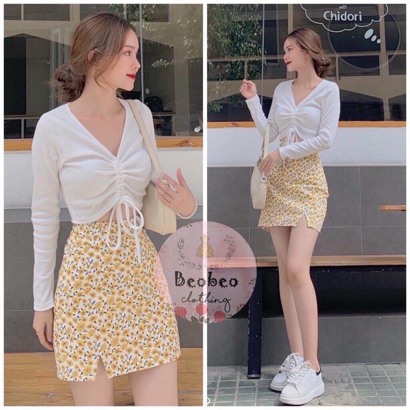 Áo Croptop Rút Dây Giữa Ngực Nữ - Áo thun trơn body dáng ôm, cộc tay, cổ chữ V phong cách vintage