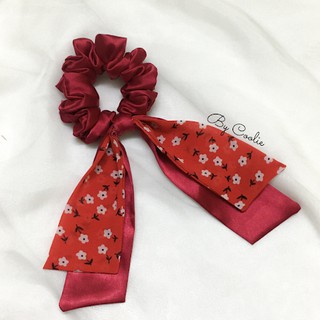 Dây cột tóc pelta scrunchies nơ dài đỏ hoa nhí xinh xắn